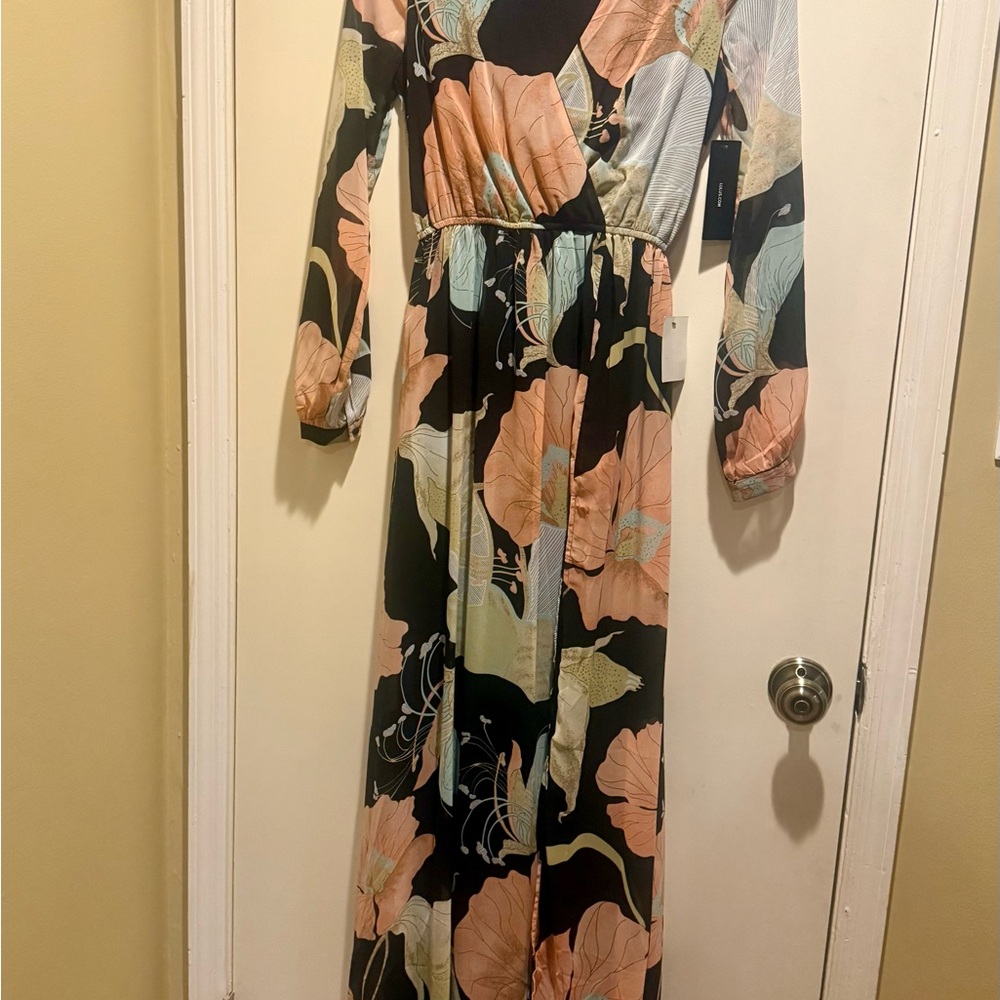 Lulu's Black and Peach Floral Long Sleeve Dress
